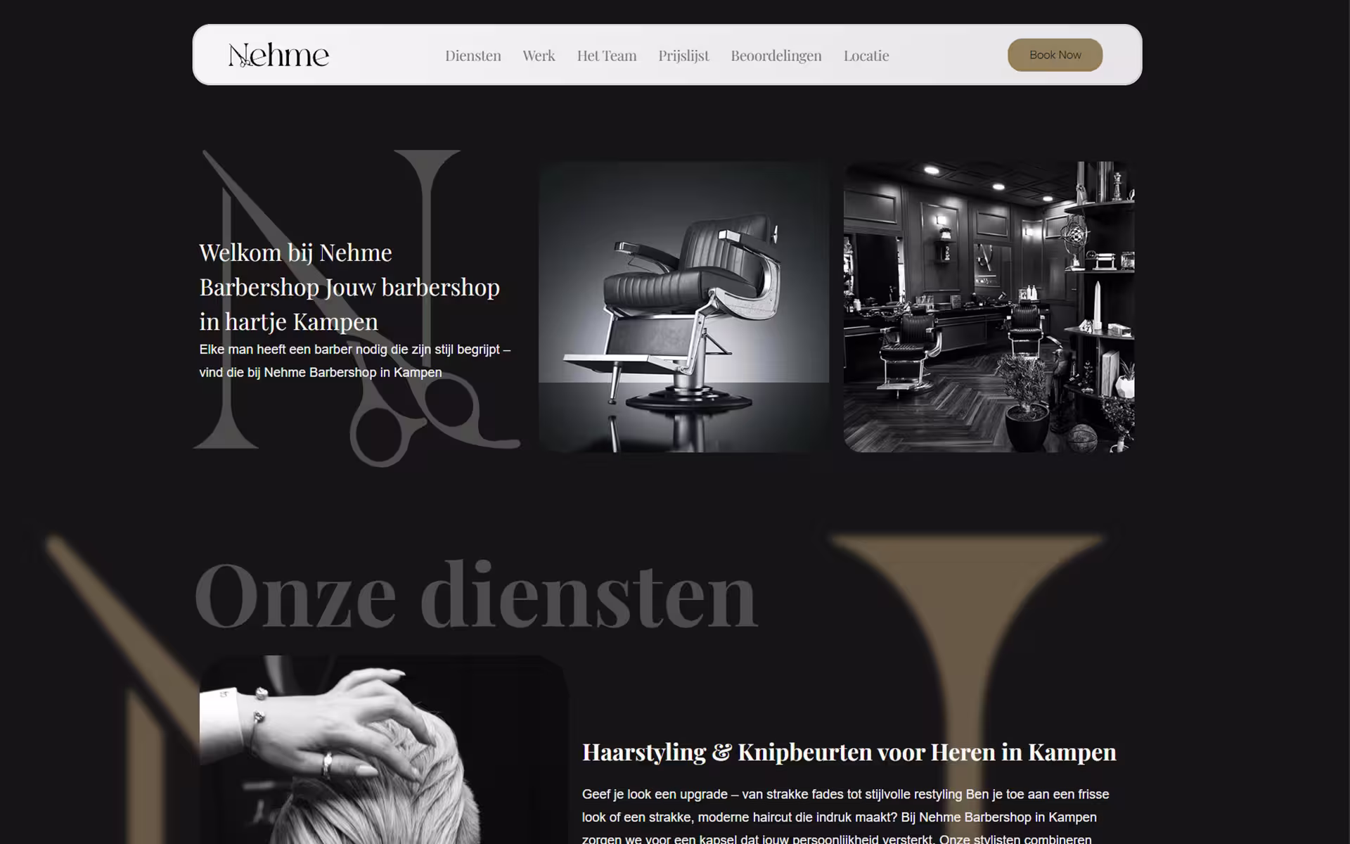 Screenshot der modernen und luxuriösen WordPress-Website für den Barbershop Nehme in Kampen (Niederlande), exklusiv entwickelt vom Webdesign-Team siasoft.de aus Gütersloh (OWL)
