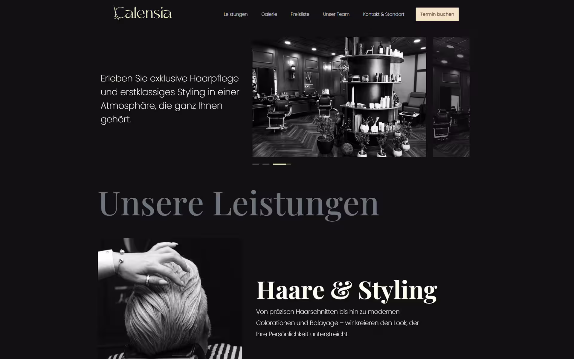 Screenshot einer modernen, exklusiven Website mit integriertem Online-Buchungssystem für Friseure. Entwickelt von der Webdesign-Agentur SIASOFT aus Gütersloh für Dienstleister in OWL, Detmold, Bielefeld und ganz Deutschland.